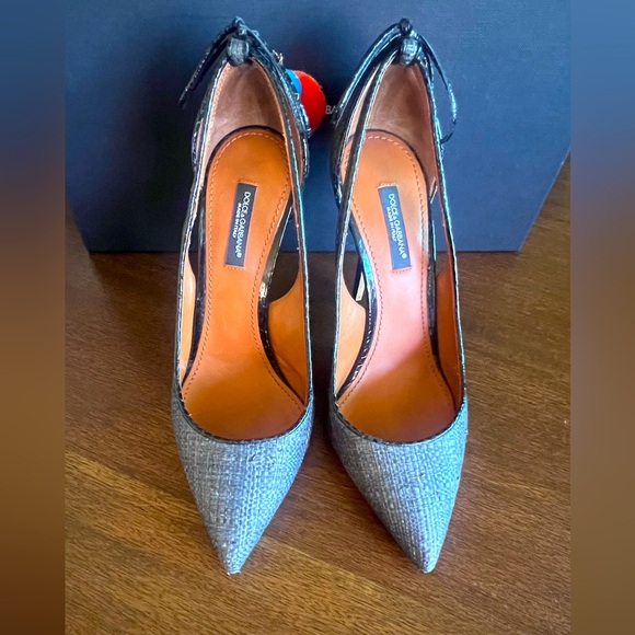 NEW Dolce & Gabbana DG Grey Raffia & Snakeskin Cutout Pointed Toe Heels EU 37 - Picture 12 of 12